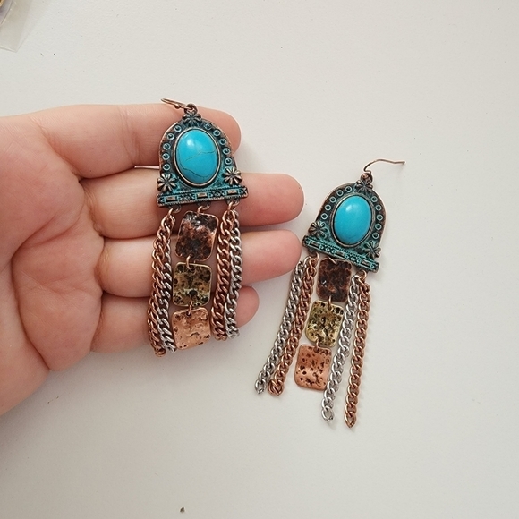 NWT Turquoise Antique Metal Bohemian Western Chain Dangle Earrings - Picture 5 of 7